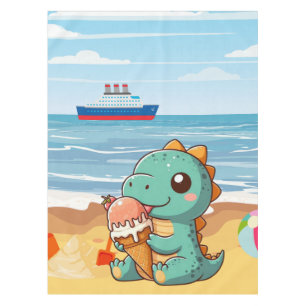Cute ice cream eating dino at the beach tablecloth