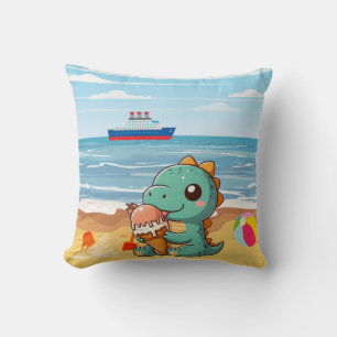 Cute ice cream eating dino at the beach throw pillow