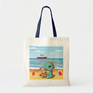 Cute ice cream eating dino at the beach tote bag