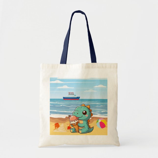Cute ice cream eating dino at the beach tote bag (Front)