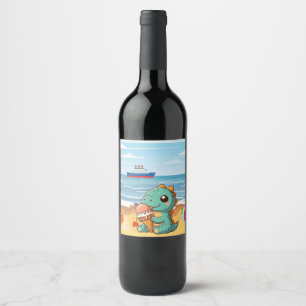 Cute ice cream eating dino at the beach wine label