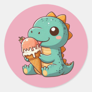 Cute ice cream eating dino classic round sticker