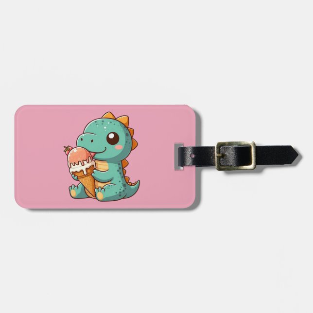 Cute ice cream eating dino luggage tag (Front Horizontal)
