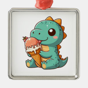 Cute ice cream eating dino metal ornament