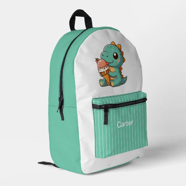 Cute ice cream eating dino printed backpack (Back Corner Left)