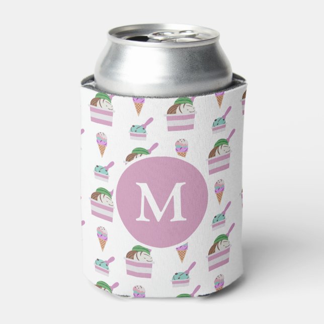 Cute Ice Cream Summer Pattern Monogram Can Cooler (Can Front)