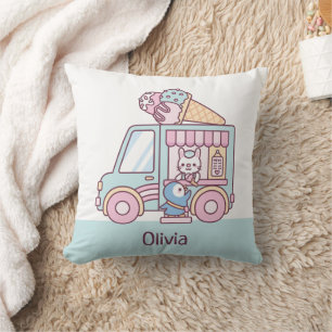 Cute Ice Cream Truck Bunny And Penguin tote bag Throw Pillow