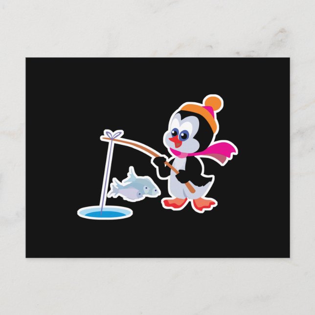 cute ice fishing little penguin postcard (Front)