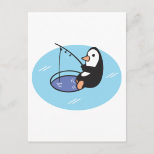 cute ice fishing penguin postcard