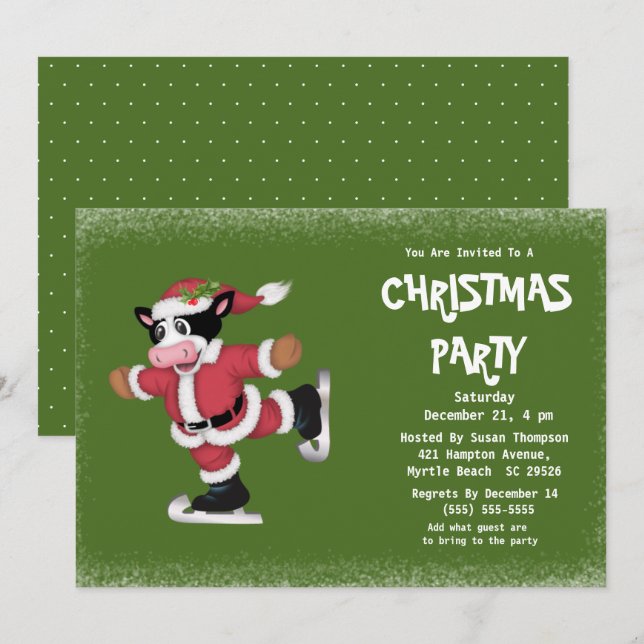 Cute Ice Skating Cow Green Christmas Party   Invitation (Front/Back)