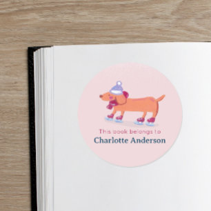 Cute Ice Skating Dachshund Pink School Bookplate Classic Round Sticker