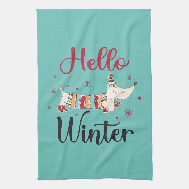 Cute ice skating dog kitchen towel (Vertical)