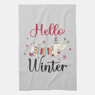 Cute ice skating dog kitchen towel