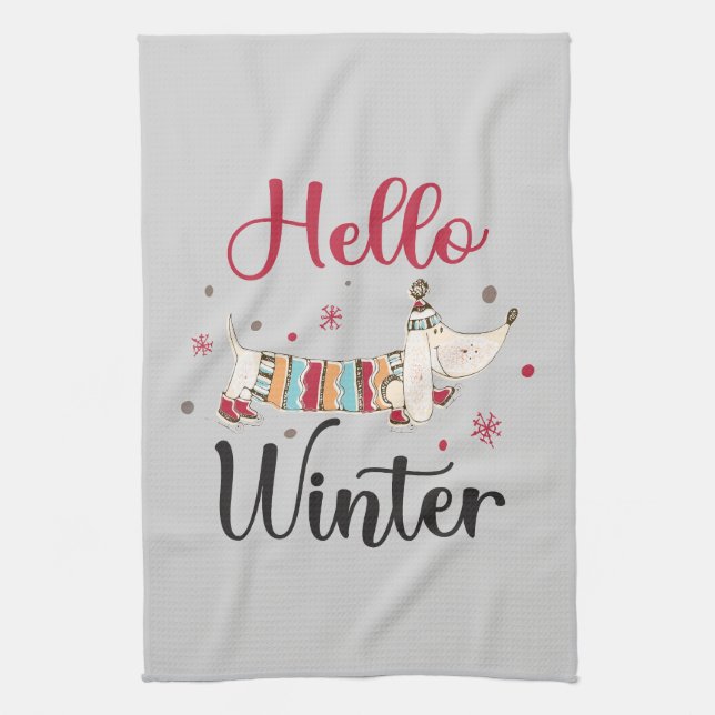 Cute ice skating dog kitchen towel (Vertical)