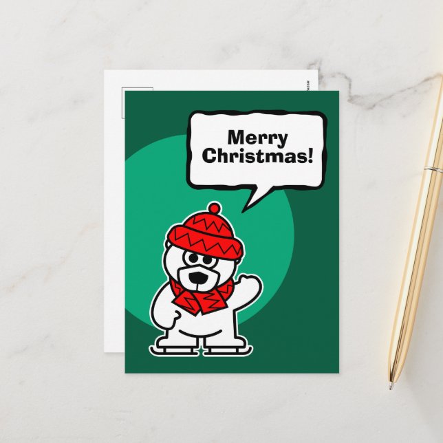 Cute Ice skating polar bear Christmas Holiday Postcard (Front/Back In Situ)
