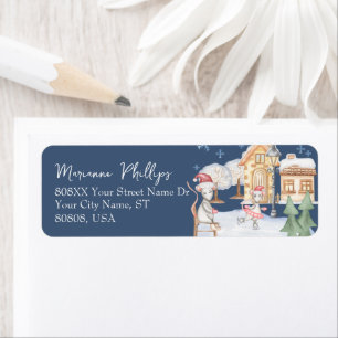 Cute Ice Skating Rats Winter Village Scene on Blue