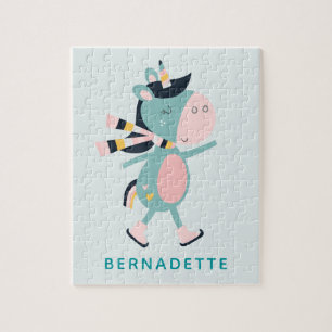 Cute Ice Skating Unicorn Teal Pink Custom Name Jigsaw Puzzle
