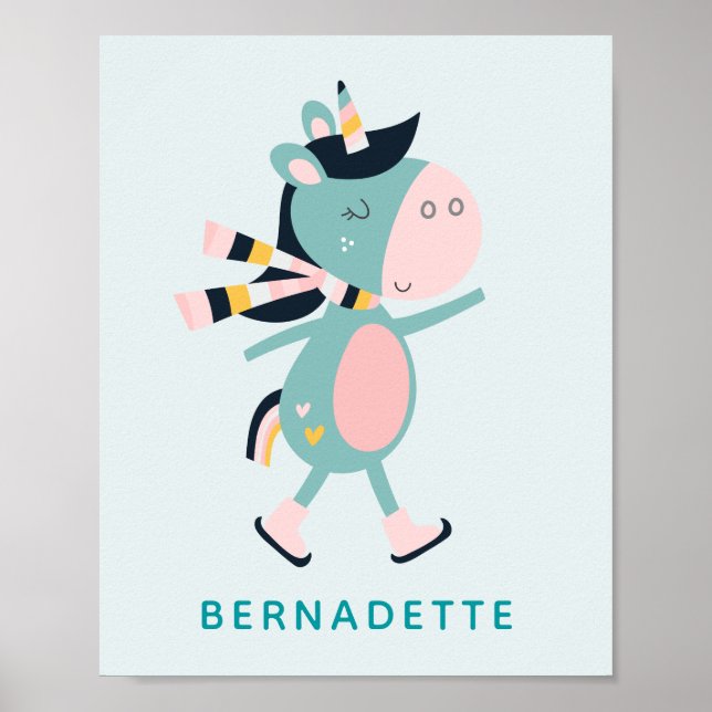Cute Ice Skating Unicorn Teal Pink Custom Name Poster (Front)