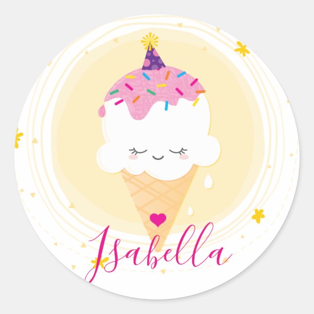 CUTE ICECREAM CONE kawaii illustration sprinkles Classic Round Sticker (Front)