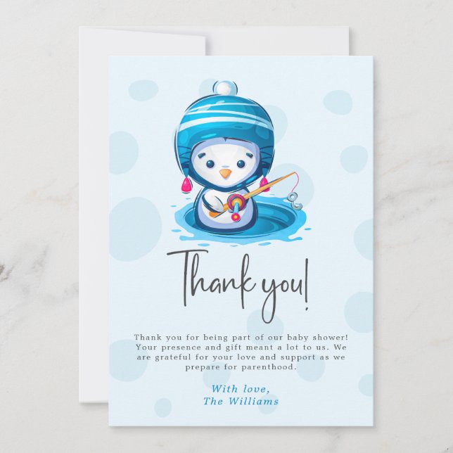 Cute Icy Blue Penguin Baby Shower Thank You Card (Front)