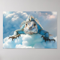 Cute Iguana Portrait On Fluffy Cloud With Blue Sky