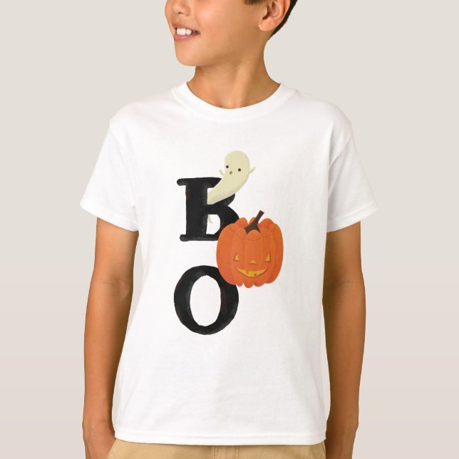 Cute, illustrated BOO with ghost & pumpkin T-Shirt (Front)