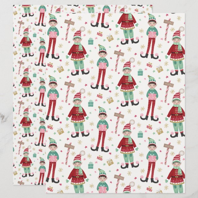 Cute Illustrated Christmas Elf Scrapbook Paper (Front/Back)