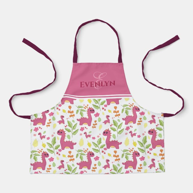 Cute illustrated dino pattern monogram and name ap apron (Front)
