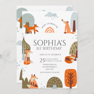 Cute illustrated Fox Forest animal first birthday Invitation