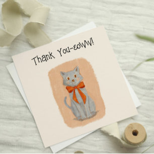 Cute Illustrated Grey Cat With Bow  Thank You Card