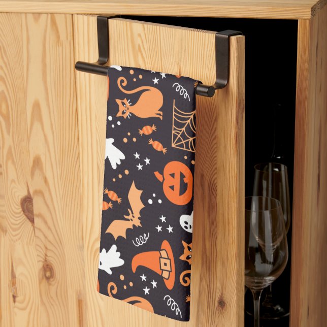 Cute Illustrated halloween characters on black bg Kitchen Towel (Thirds Fold)