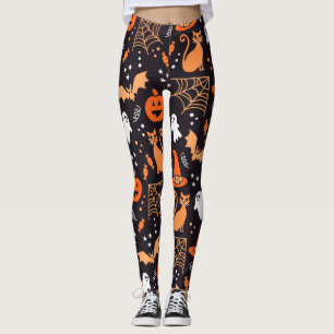 Cute Illustrated halloween characters on black bg Leggings