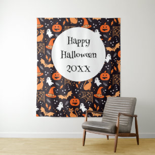 Cute Illustrated halloween characters on black bg Tapestry