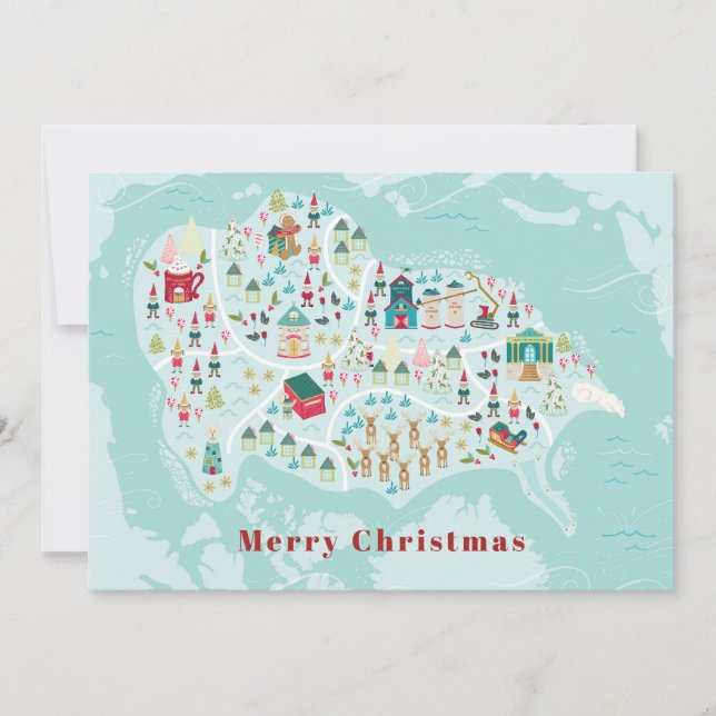 Cute Illustrated North Pole Village Map Holiday Card (Front)