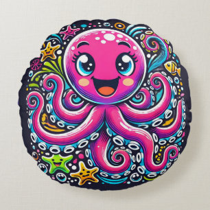 Cute Illustrated Octopus with Colourful Fishes Round Pillow