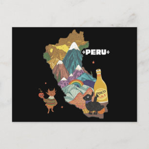 Cute Illustrated Per Map Machu Picchu and Alpaca Postcard