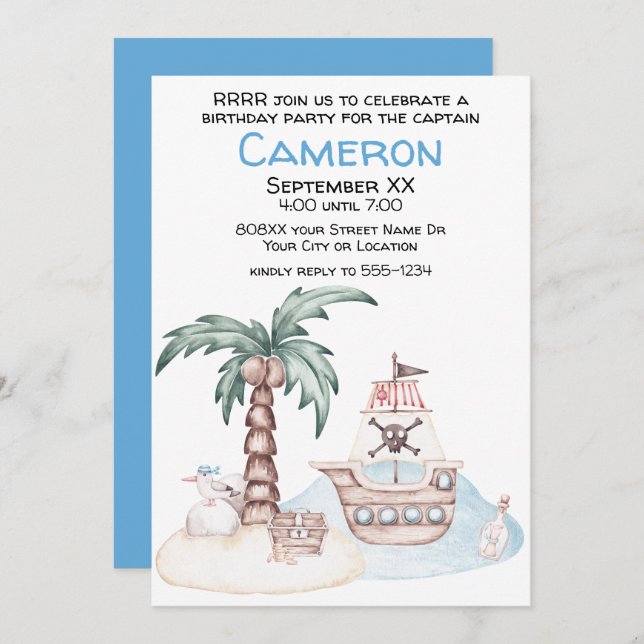 Cute Illustrated Pirate Party Invitation (Front/Back)