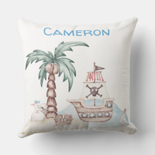 Cute Illustrated Pirate Theme with Custom Name Throw Pillow