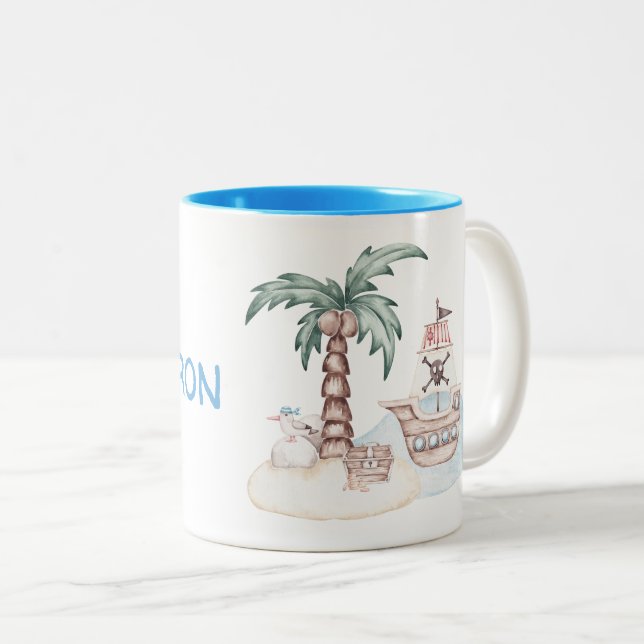 Cute Illustrated Pirate Theme with Custom Name Two-Tone Coffee Mug (Front Right)