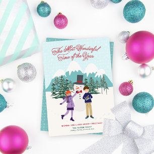 Cute Illustrated Snowman & Kids Non-Photo Holiday Card