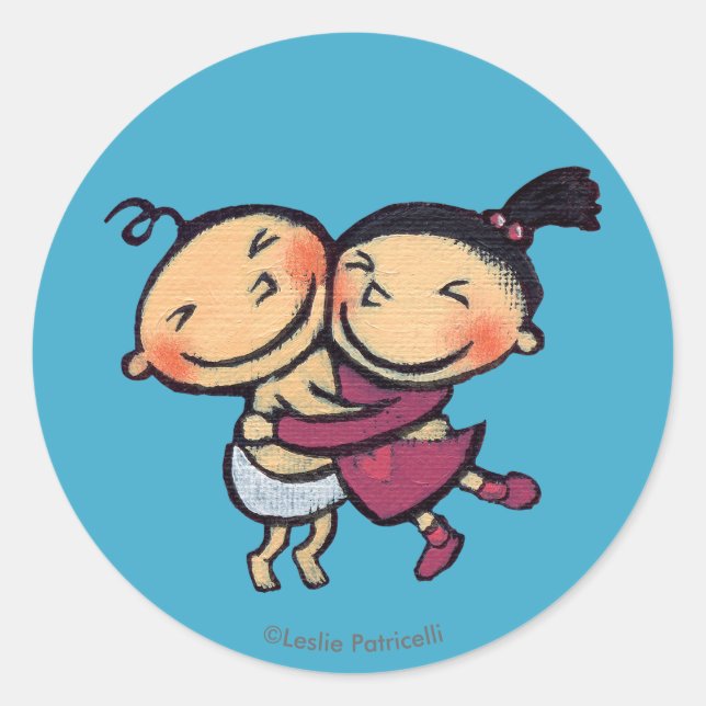 Cute Illustrated Toddlers Hugging Classic Round Sticker (Front)