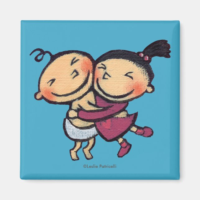Cute Illustrated Toddlers Hugging Magnet (Front)