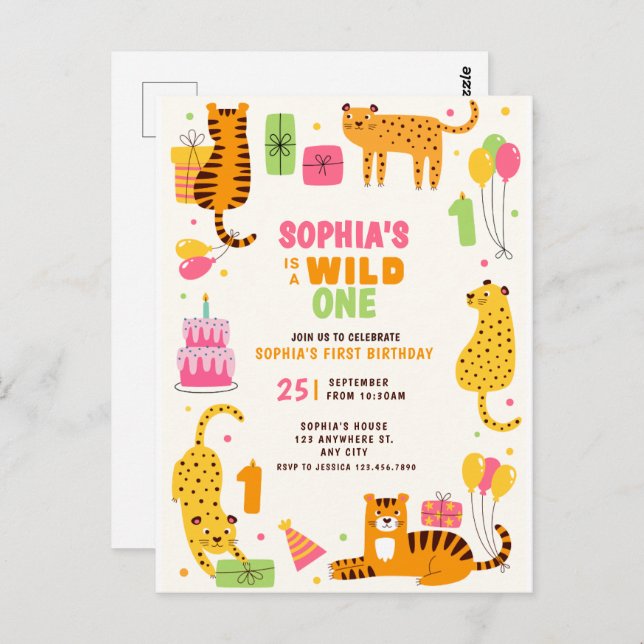 Cute illustrated wild animals first birthday postcard (Front/Back)