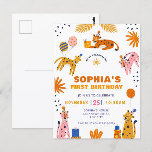 Cute illustrated wild animals first birthday postcard