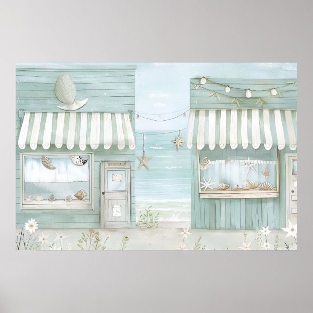 cute illustration coastal living beach scene poster (Front)