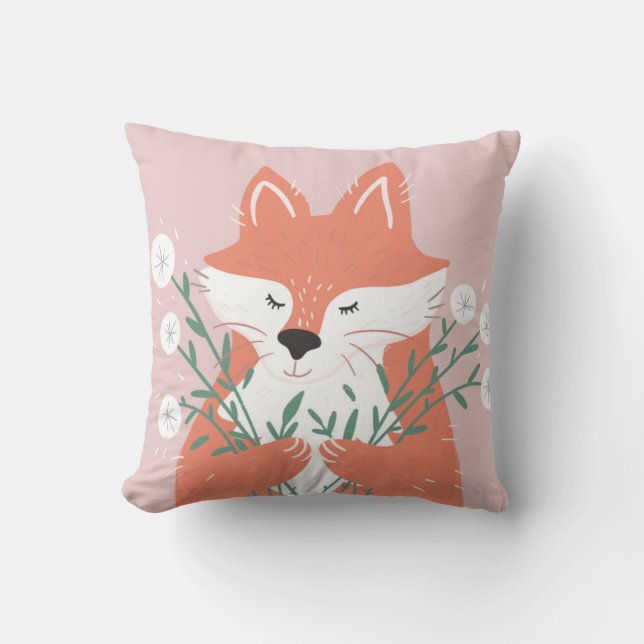 Cute Illustration Fox Smelling Flowers Throw Pillow (Front)