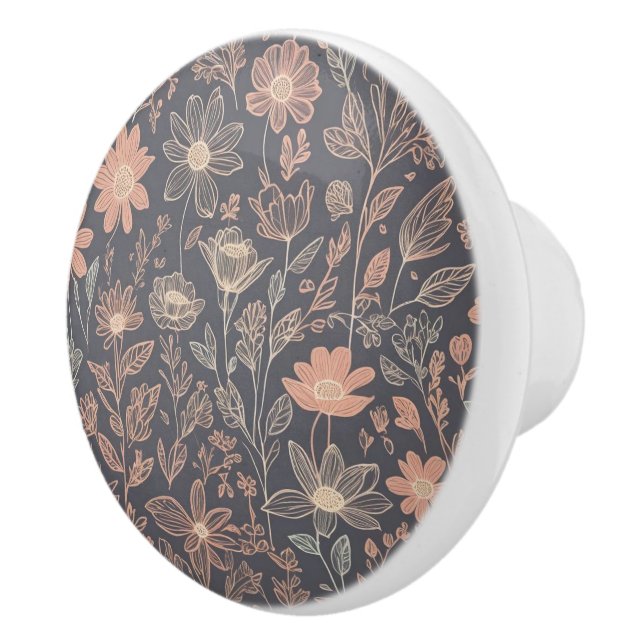 Cute illustration graphic line drawn flowers ceramic knob (Right)
