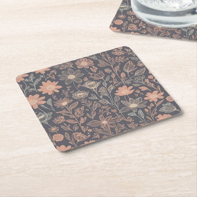 Cute illustration graphic line drawn flowers square paper coaster (Angled)