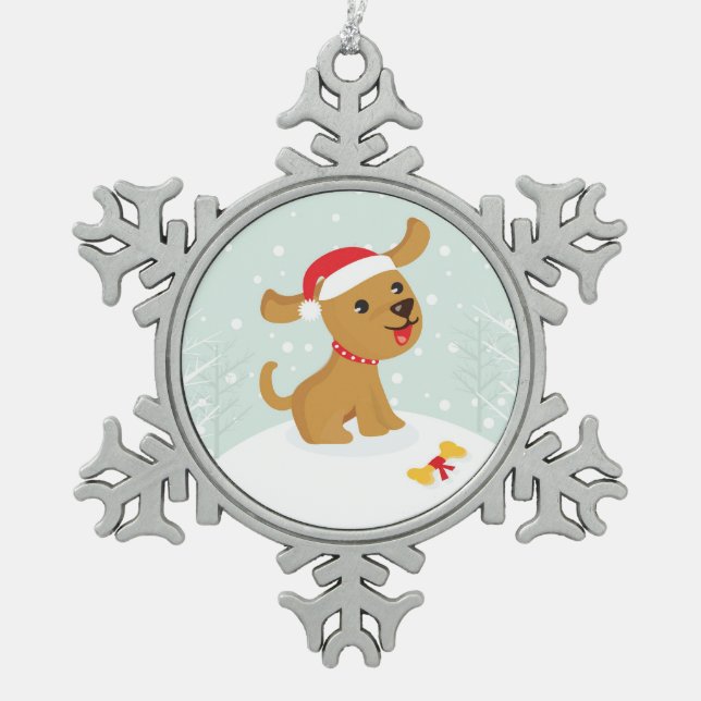 Cute Illustration Of a Puppy In The Snow Snowflake Pewter Christmas Ornament (Front)