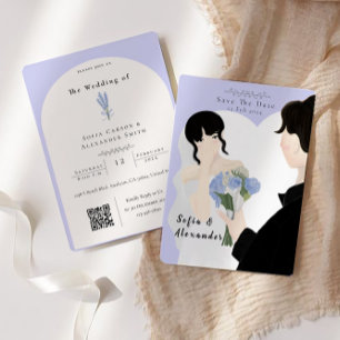 Cute Illustration With QR Code RSVP Wedding  Invitation